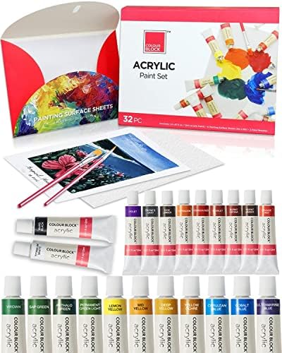 בלוק צבע 94PC חבילה אקרילית בתפזורת | סט צבע אקרילי עם כרית, 48 צבעי אקרילים, 4 מברשות צבע קטנות, 12 גיליונות פפר בתוספת 2